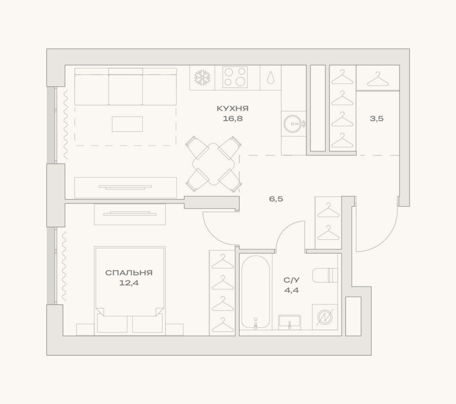 Планировка: 2-к, 43,6 м²