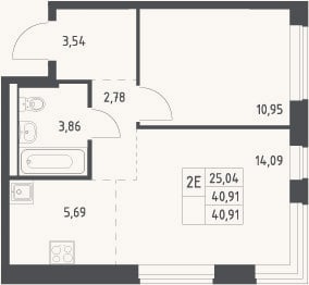 Планировка: 2-к, 40,9 м²