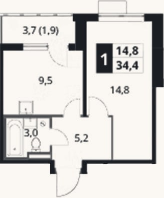 Планировка: 1-к, 32,5 м²