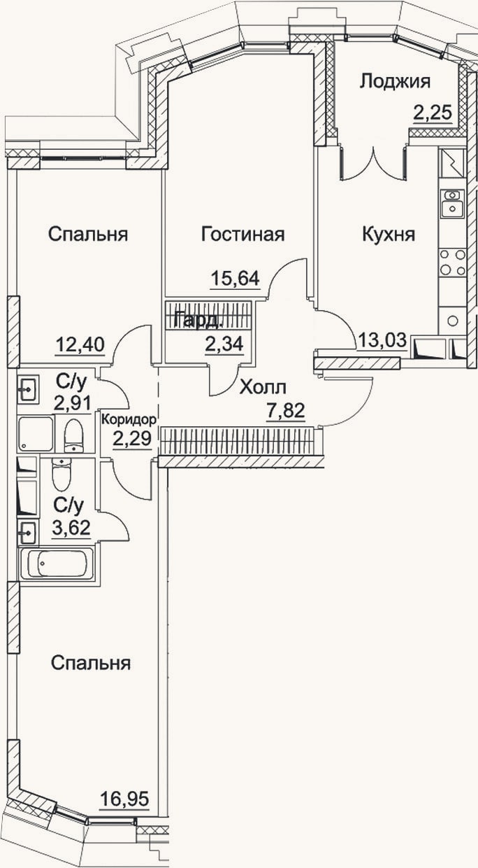 Планировка: 3-к, 77 м²