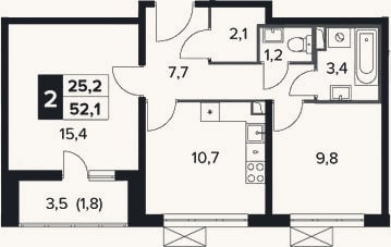 Планировка: 2-к, 50,3 м²