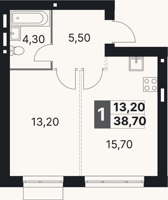 Планировка: 1-к, 38,7 м²