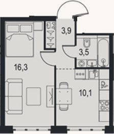 Планировка: 1-к, 33,8 м²