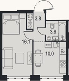 Планировка: 1-к, 33,5 м²