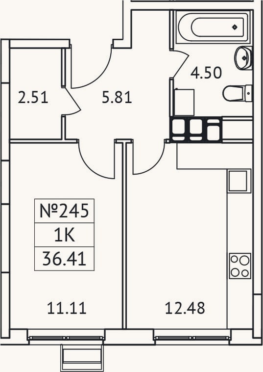 Планировка: 1-к, 36,4 м²