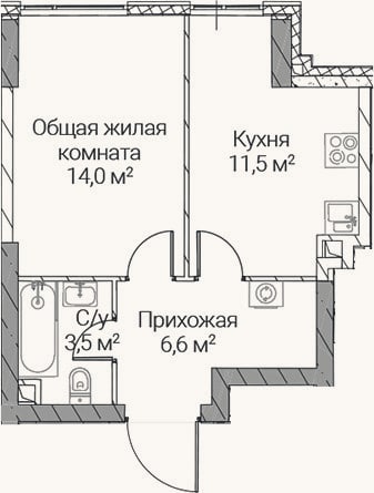 Планировка: 1-к, 35,6 м²