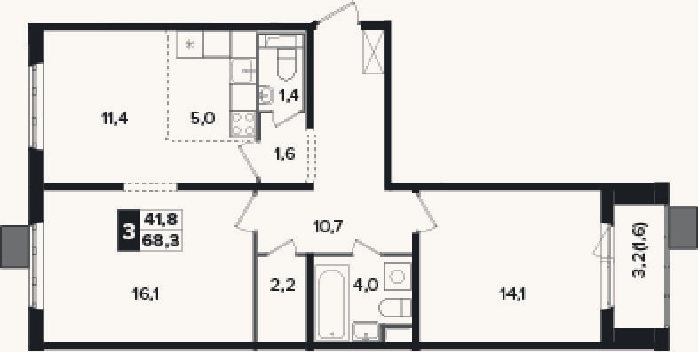 Планировка: 3-к, 66,7 м²
