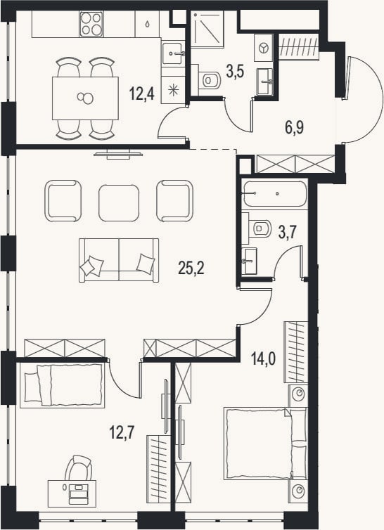 Планировка: 3-к, 78,4 м²