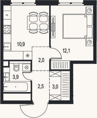 Планировка: 1-к, 34,4 м²