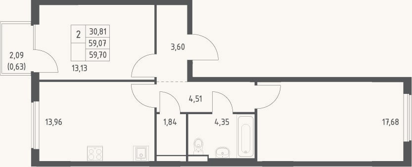 Планировка: 2-к, 59,1 м²