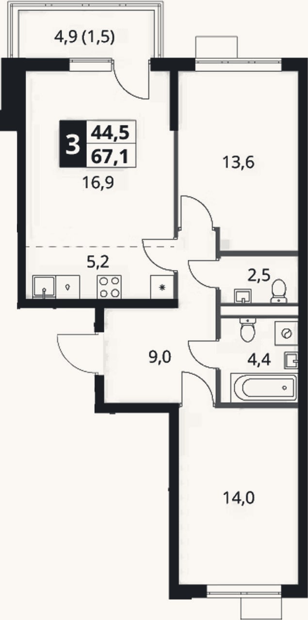 Планировка: 3-к, 65,6 м²