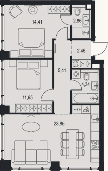 Планировка: 3-к, 65 м²