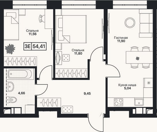 Планировка: 3-к, 54,4 м²