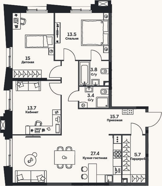 Планировка: 4+ к, 98,2 м²