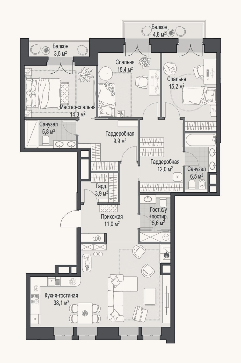 Планировка: 4+ к, 137,8 м²