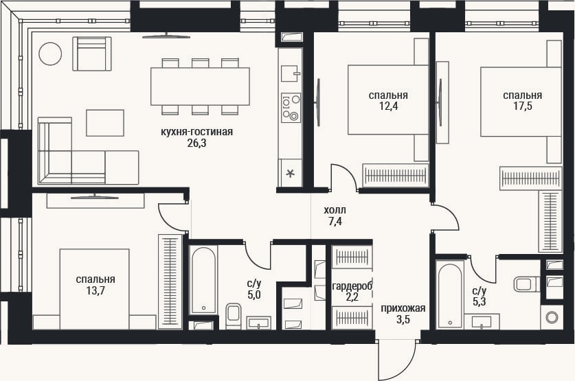 Планировка: 4+ к, 93,4 м²
