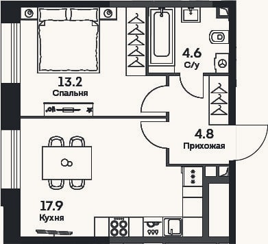 Планировка: 2-к, 40,5 м²