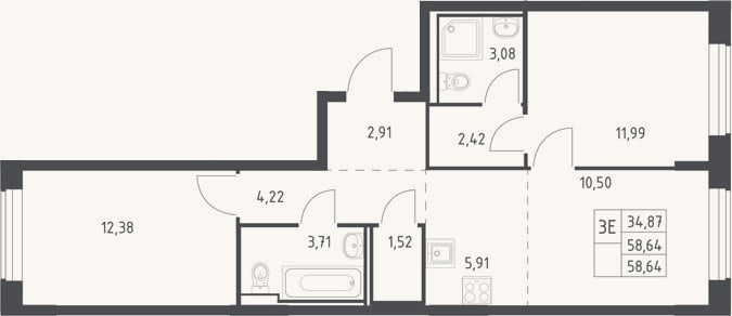 Планировка: 3-к, 58,6 м²