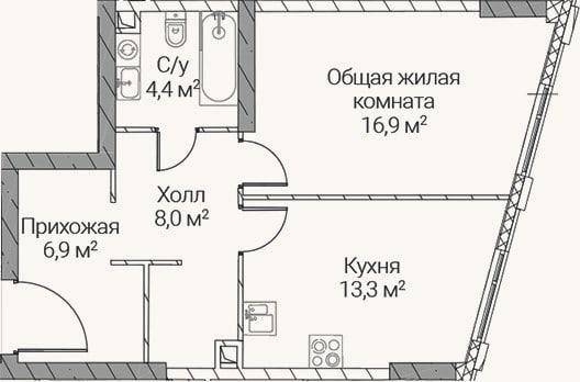 Планировка: 1-к, 49,5 м²