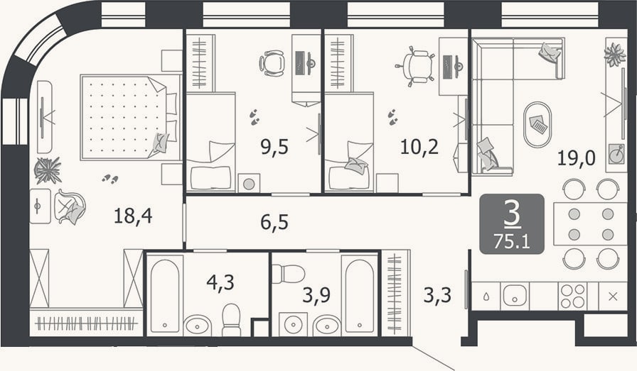 Планировка: 4+ к, 75,1 м²