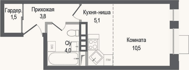 Планировка: Студия, 24,9 м²