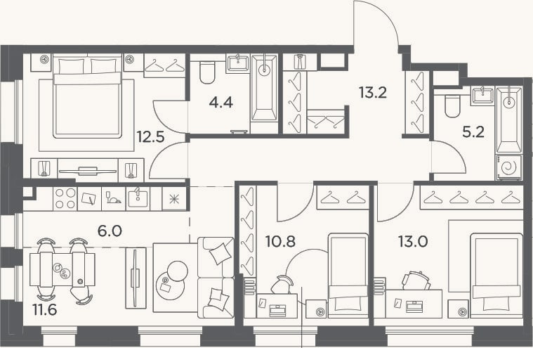 Планировка: 4+ к, 76,7 м²