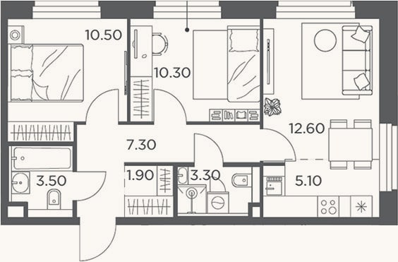 Планировка: 3-к, 54,5 м²