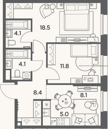 Планировка: 3-к, 60 м²