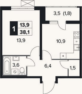 Планировка: 1-к, 36,3 м²