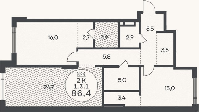 Планировка: 3-к, 86,4 м²