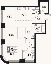 Планировка: 3-к, 76,8 м²