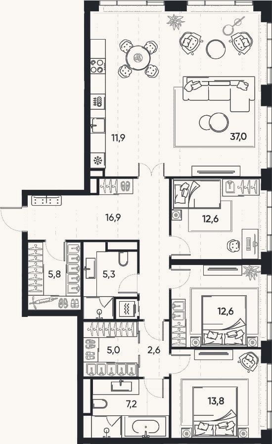 Планировка: 4+ к, 130,7 м²