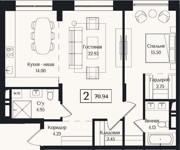 Планировка: 2-к, 70,9 м²