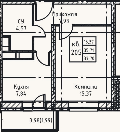 Планировка: 1-к, 37,7 м²