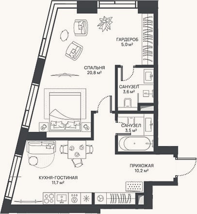 Планировка: 2-к, 54,8 м²