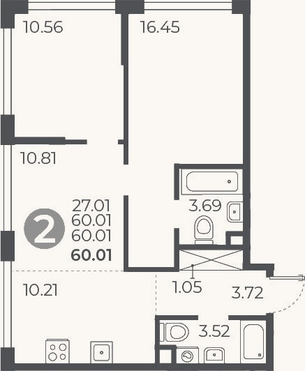 Планировка: 2-к, 60 м²