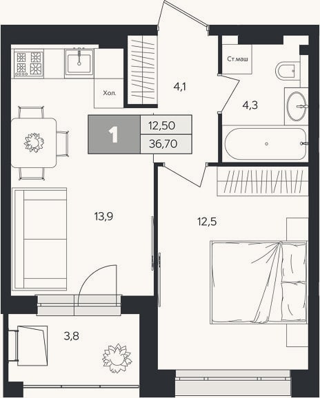 Планировка: 1-к, 34,8 м²