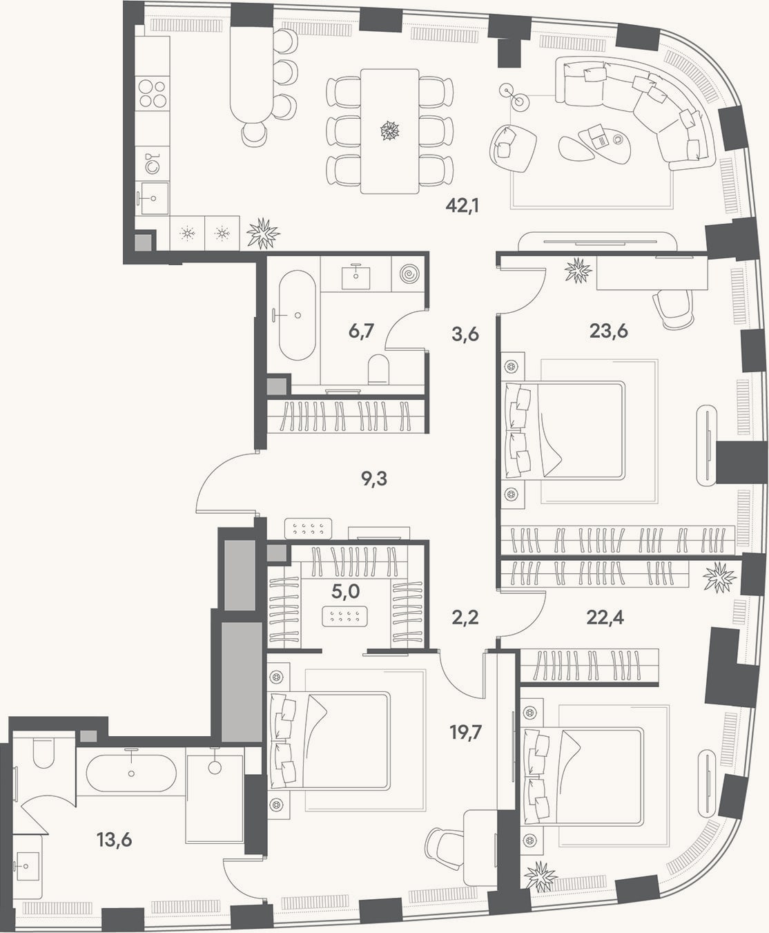 Планировка: 4+ к, 148,2 м²