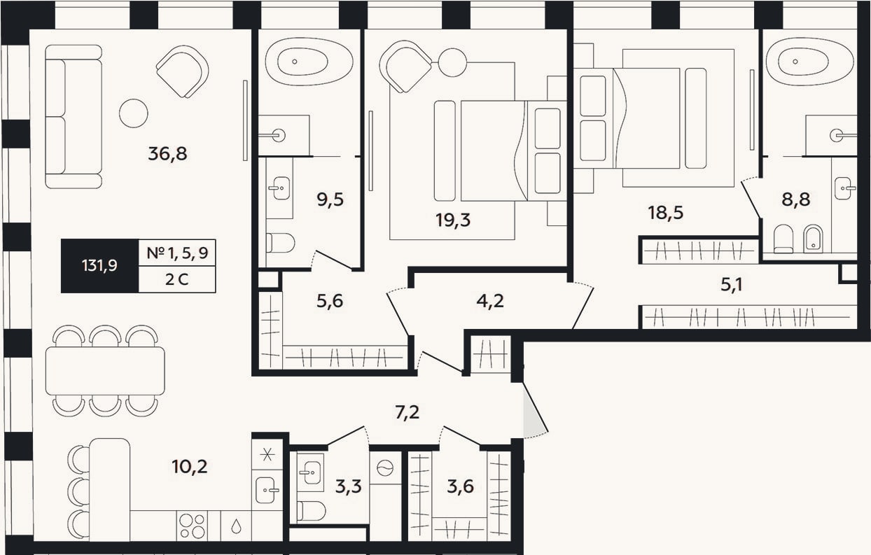 Планировка: 3-к, 130,8 м²