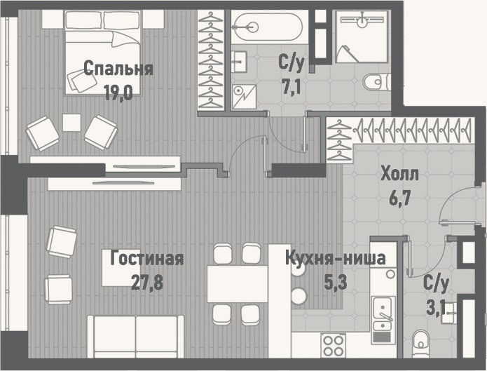 Планировка: 2-к, 69 м²