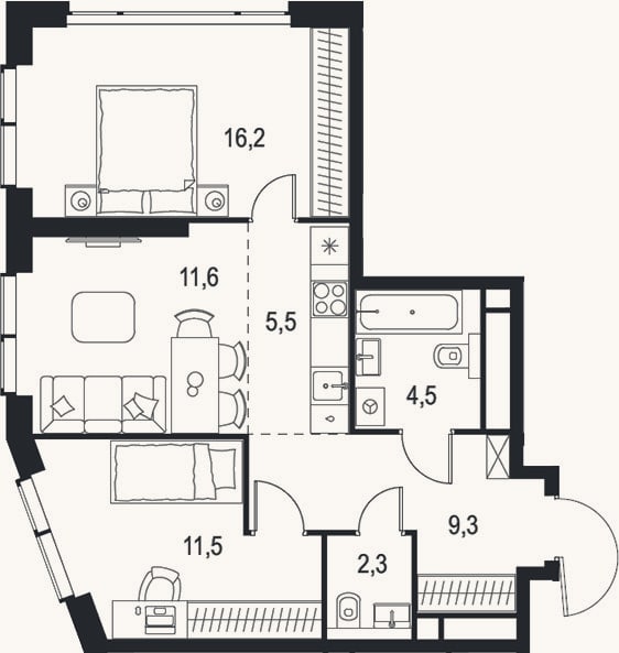 Планировка: 3-к, 60,9 м²