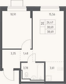 Планировка: 2-к, 38,7 м²