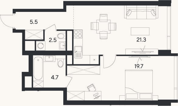 Планировка: 2-к, 53,7 м²
