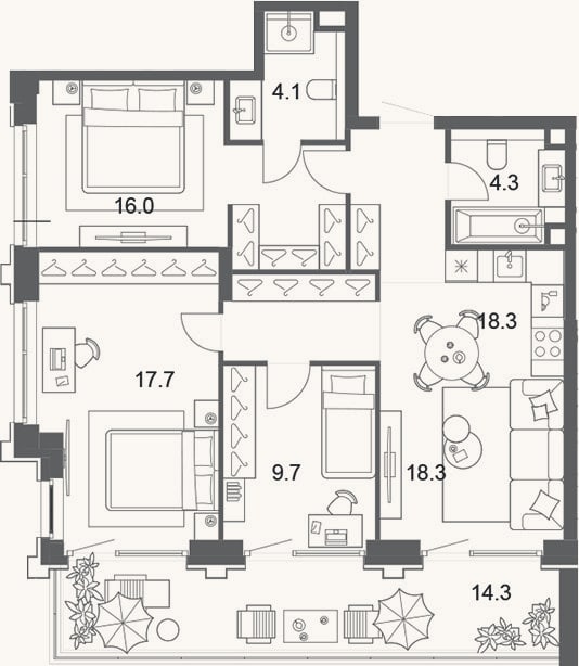 Планировка: 4+ к, 80 м²