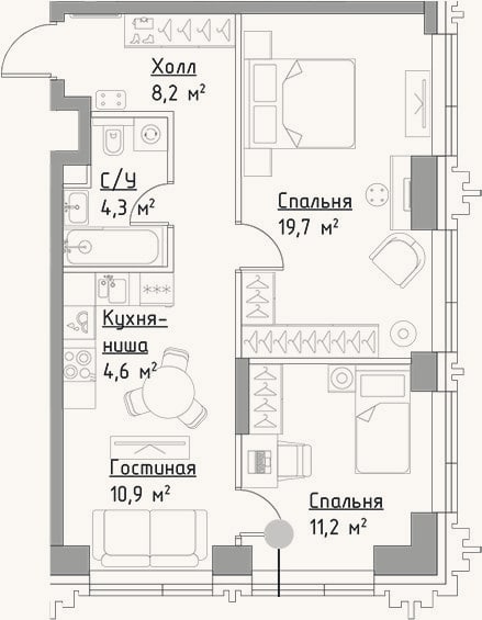 Планировка: 3-к, 58,9 м²