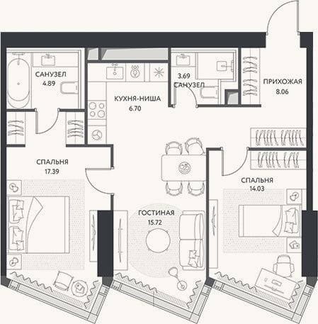 Планировка: 3-к, 70,5 м²