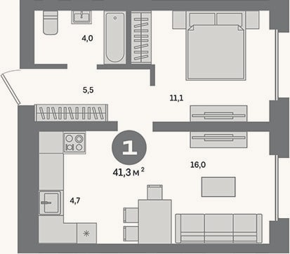 Планировка: 1-к, 41,3 м²