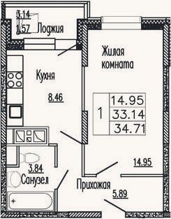 Планировка: 1-к, 34,3 м²