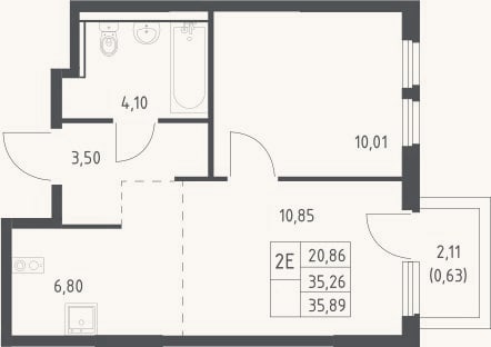 Планировка: 2-к, 35,3 м²