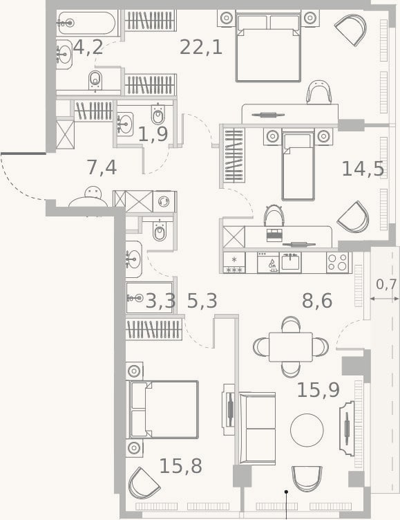 Планировка: 4+ к, 99 м²